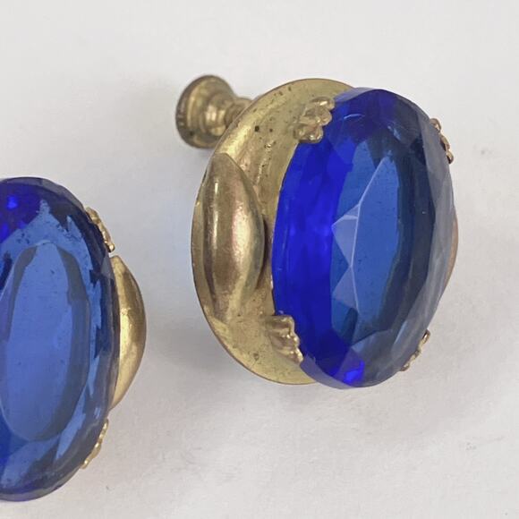 VTG 40s 50s Mid Century Gold Tone Screw Back Earrings Cobalt Blue Glass - Picture 15 of 16